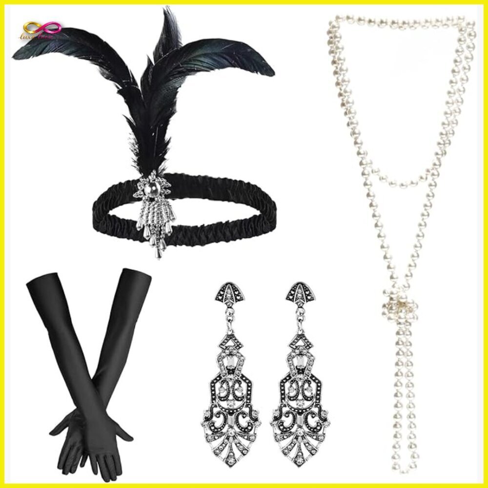 Vintage Flapper Set Headband Earrings Gloves Necklace 1920s Costume Accessories